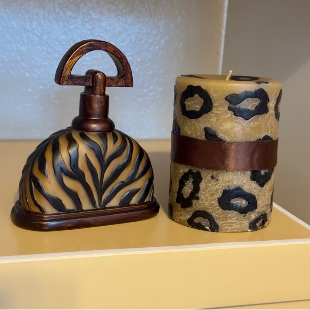 VINTAGE 2 Pc. Set - Animal Print Glass Handpainted Knick-Knack & Leopard Candle